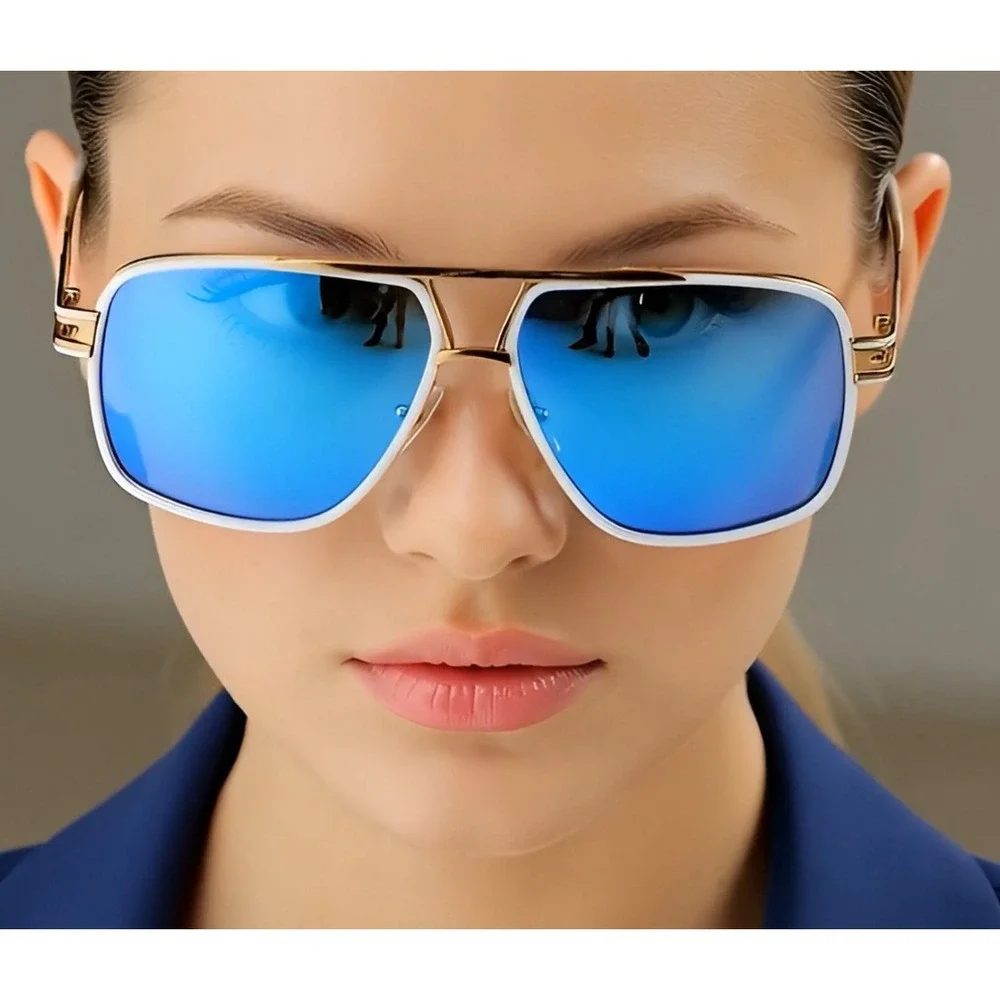 Designer Sunglasses Blue Mirror Lens Gold Frame‎ White Women Retro Square Trendy